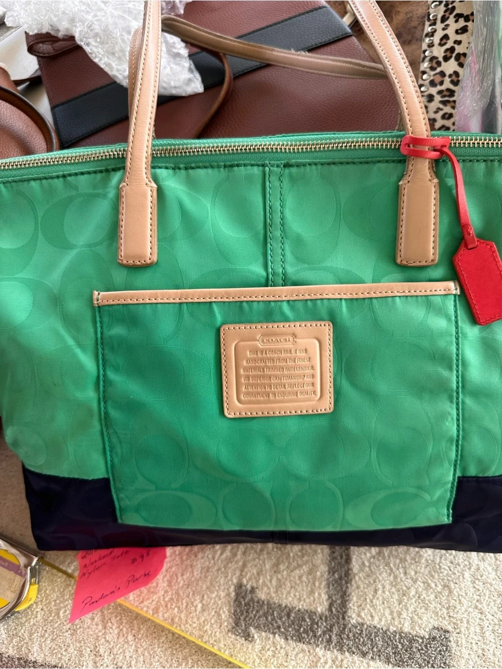 Coach Green Nylon Tote with Tan Handles and Navy Base